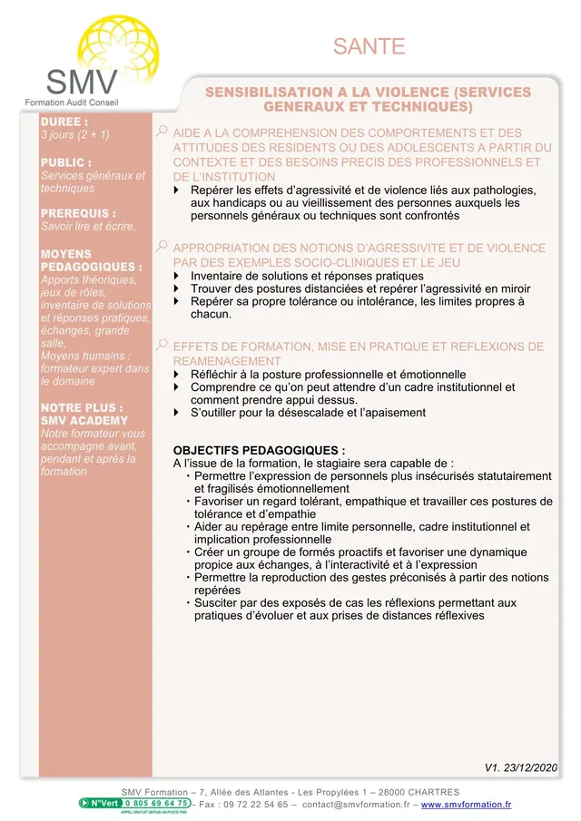Fiche programme de la formation Sensibilisation à la violence (services généraux et techniques) : durée, public, prérequis, objectifs pédagogiques et contenu