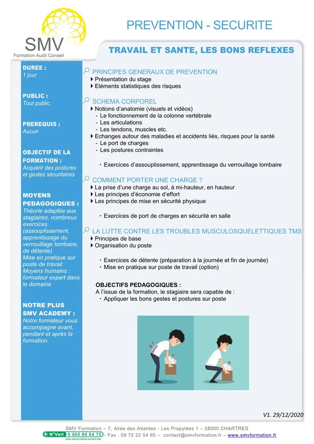 Fiche programme de la formation Travail et santé, les bons réflexes : durée, public, prérequis, objectifs pédagogiques et contenu