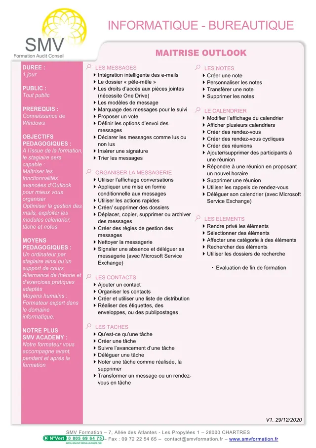Fiche programme de la formation Maitrise OUTLOOK : durée, public, prérequis, objectifs pédagogiques et contenu