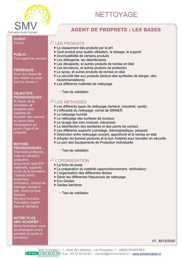 Fiche programme de la formation Agent de propreté : les bases : durée, public, prérequis, objectifs pédagogiques et contenu