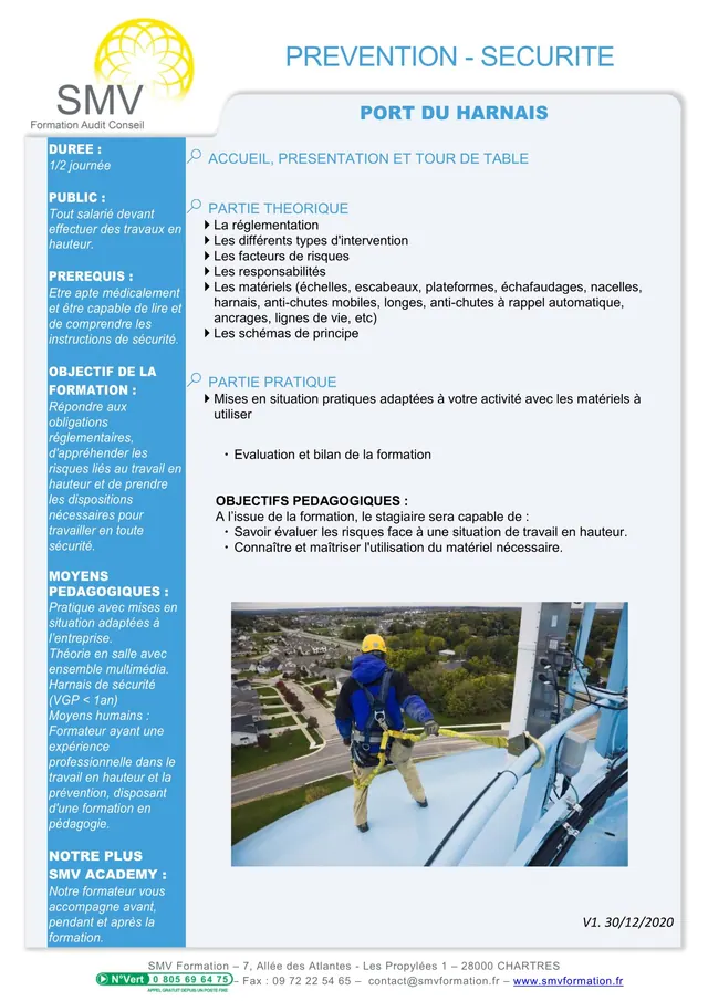Fiche programme de la formation Port du harnais : durée, public, prérequis, objectifs pédagogiques et contenu