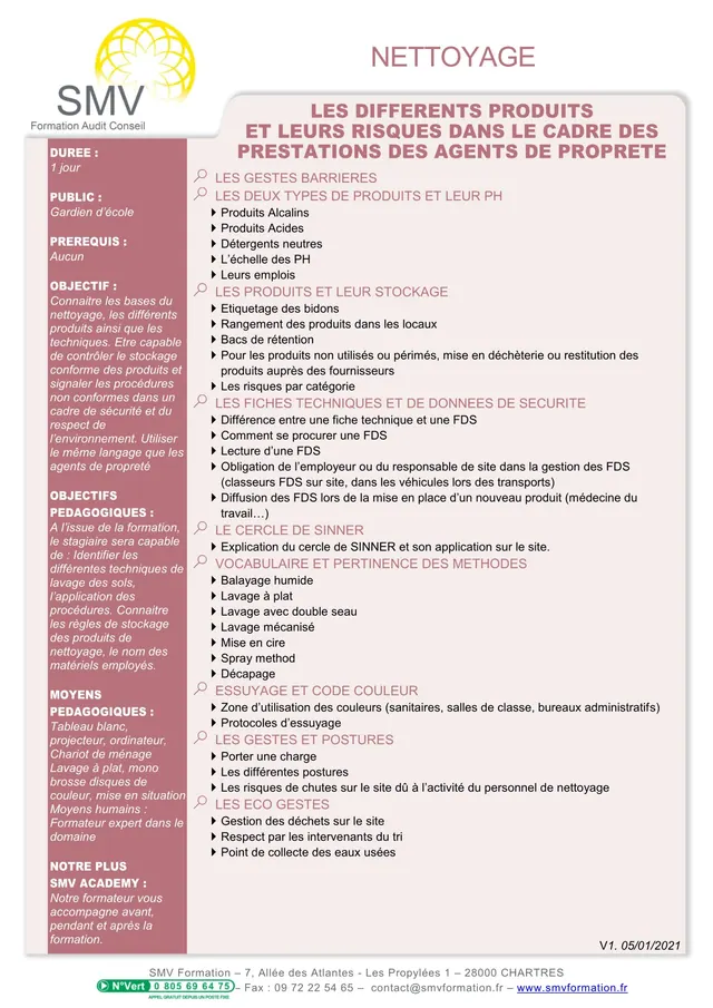 Fiche programme de la formation Les différents produits et leurs risques dans le cadre des prestations des agents de propreté : durée, public, prérequis, objectifs pédagogiques et contenu