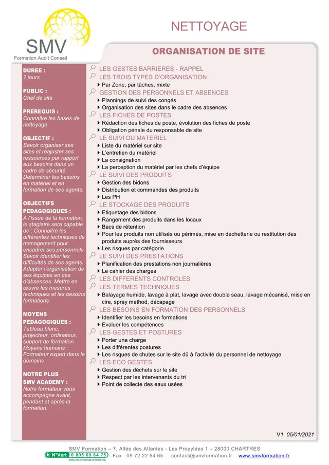 Fiche programme de la formation Organisation de site : durée, public, prérequis, objectifs pédagogiques et contenu