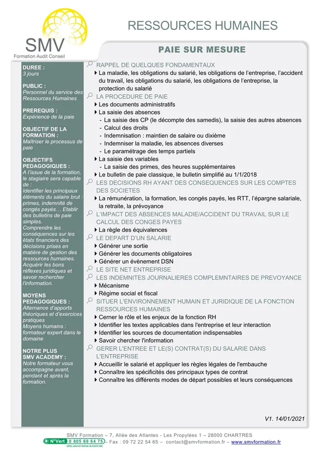 Fiche programme de la formation Paie sur mesure : durée, public, prérequis, objectifs pédagogiques et contenu