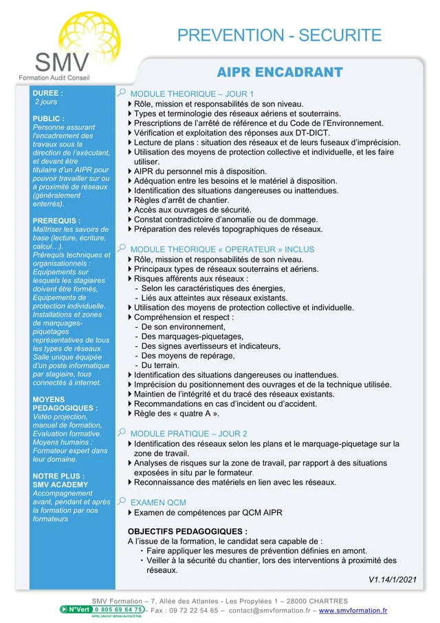 Fiche programme de la formation Aipr Encadrant : durée, public, prérequis, objectifs pédagogiques et contenu