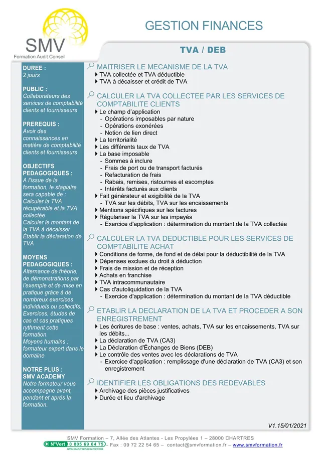 Fiche programme de la formation TVA / DEB : durée, public, prérequis, objectifs pédagogiques et contenu