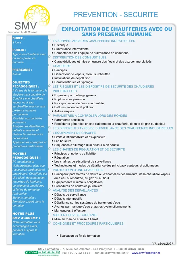 Fiche programme de la formation Exploitation de chaufferies avec ou sans présence humaine : durée, public, prérequis, objectifs pédagogiques et contenu