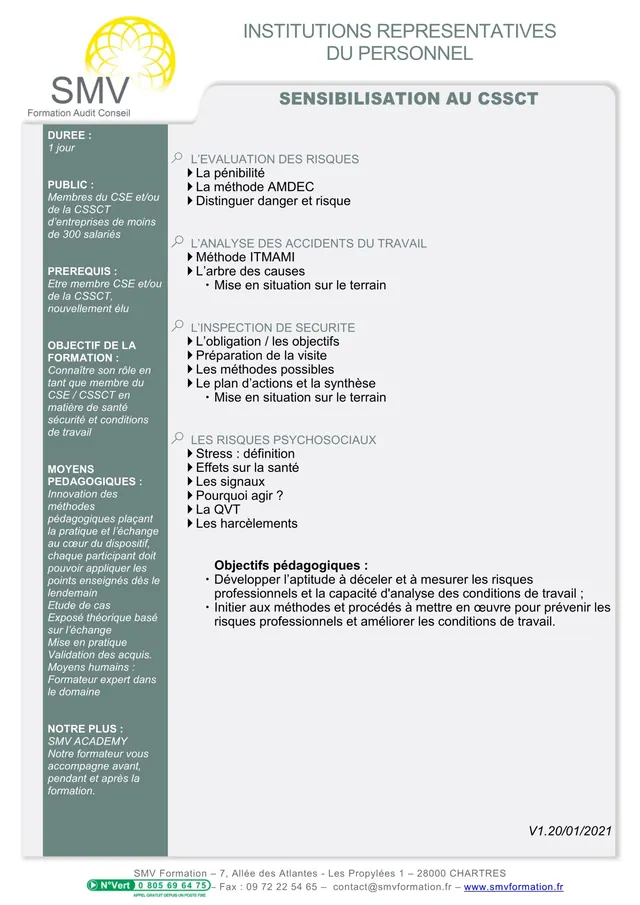 Fiche programme de la formation Sensibilisation au CSSCT : durée, public, prérequis, objectifs pédagogiques et contenu