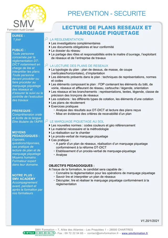 Fiche programme de la formation Lecture de plans réseaux et marquage piquetage : durée, public, prérequis, objectifs pédagogiques et contenu
