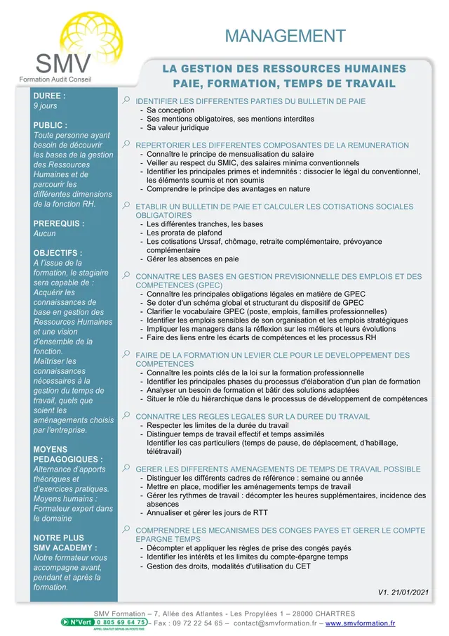 Fiche programme de la formation La gestion des ressources humaines sur mesure : durée, public, prérequis, objectifs pédagogiques et contenu