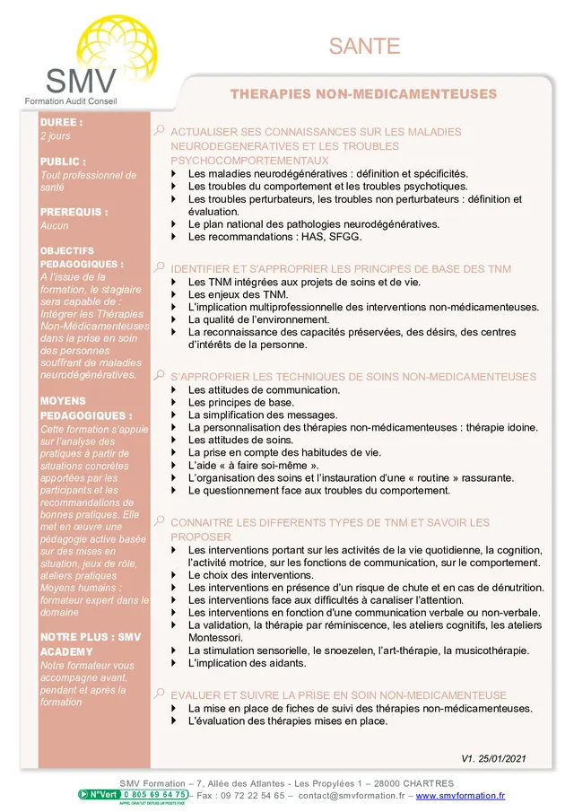 Fiche programme de la formation Thérapies non-médicamenteuses : durée, public, prérequis, objectifs pédagogiques et contenu