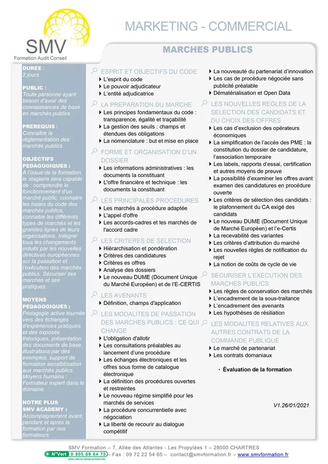 Fiche programme de la formation Marchés publics : durée, public, prérequis, objectifs pédagogiques et contenu