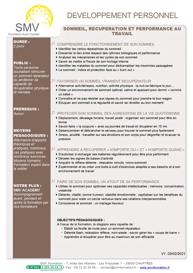 Fiche programme de la formation Sommeil, Récupération et Performance au travail : durée, public, prérequis, objectifs pédagogiques et contenu