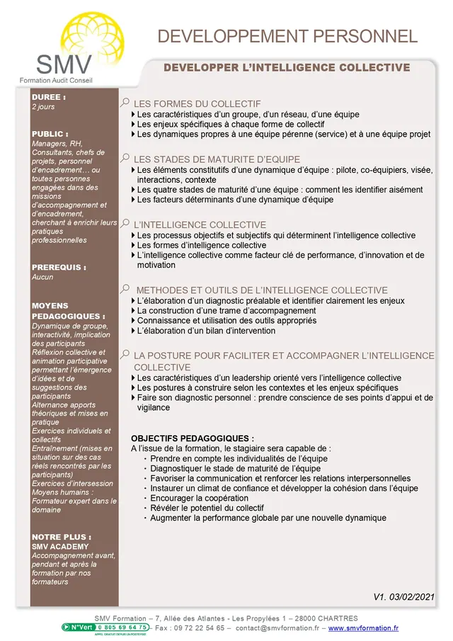 Fiche programme de la formation Développer l’intelligence collective : durée, public, prérequis, objectifs pédagogiques et contenu