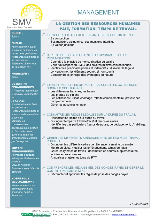 Fiche programme de la formation La gestion des Ressources Humaines, paie, formation, temps de travail : durée, public, prérequis, objectifs pédagogiques et contenu