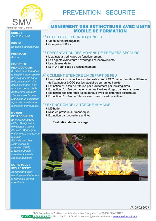 Fiche programme de la formation Maniement des extincteurs avec Unité Mobile de Formation : durée, public, prérequis, objectifs pédagogiques et contenu