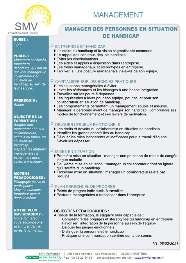 Fiche programme de la formation Manager des personnes en situation de handicap : durée, public, prérequis, objectifs pédagogiques et contenu