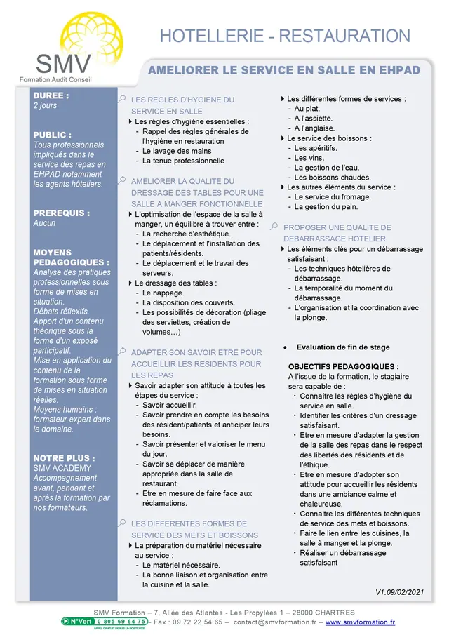 Fiche programme de la formation Améliorer le service en salle en EHPAD : durée, public, prérequis, objectifs pédagogiques et contenu