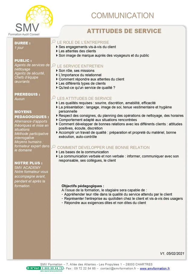Fiche programme de la formation Attitudes de service : durée, public, prérequis, objectifs pédagogiques et contenu