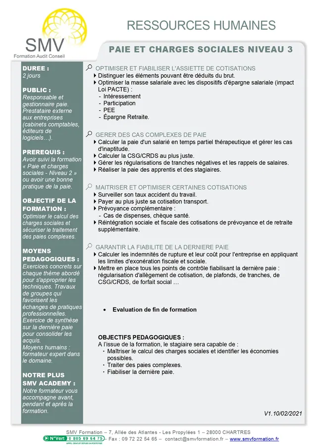 Fiche programme de la formation Paie et charges sociales niveau 3 : durée, public, prérequis, objectifs pédagogiques et contenu