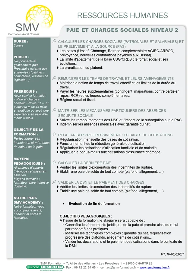 Fiche programme de la formation Paie et charges sociales niveau 2 : durée, public, prérequis, objectifs pédagogiques et contenu