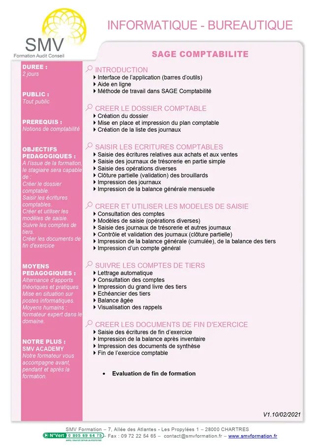 Fiche programme de la formation Sage comptabilité : durée, public, prérequis, objectifs pédagogiques et contenu