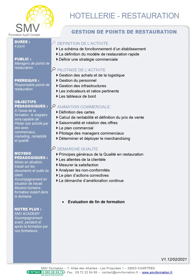 Fiche programme de la formation Gestion de points de restauration : durée, public, prérequis, objectifs pédagogiques et contenu