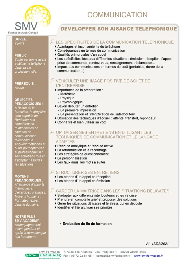 Fiche programme de la formation Développer son aisance téléphonique : durée, public, prérequis, objectifs pédagogiques et contenu