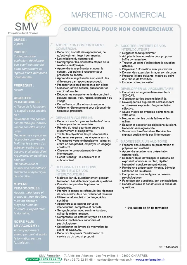 Fiche programme de la formation Commercial pour non commerciaux : durée, public, prérequis, objectifs pédagogiques et contenu