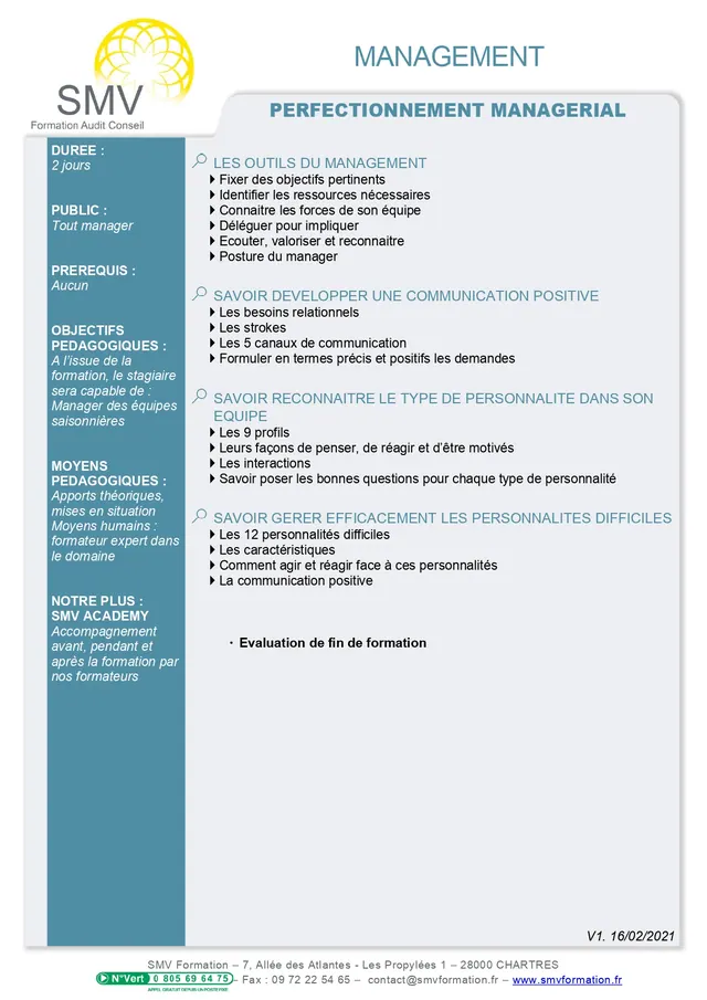 Fiche programme de la formation Perfectionnement managérial sur mesure : durée, public, prérequis, objectifs pédagogiques et contenu
