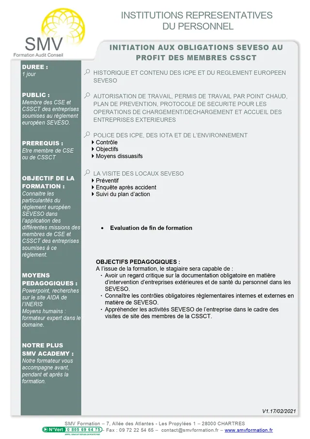 Fiche programme de la formation Initiation aux Obligations Seveso au profit des membres CSSCT : durée, public, prérequis, objectifs pédagogiques et contenu