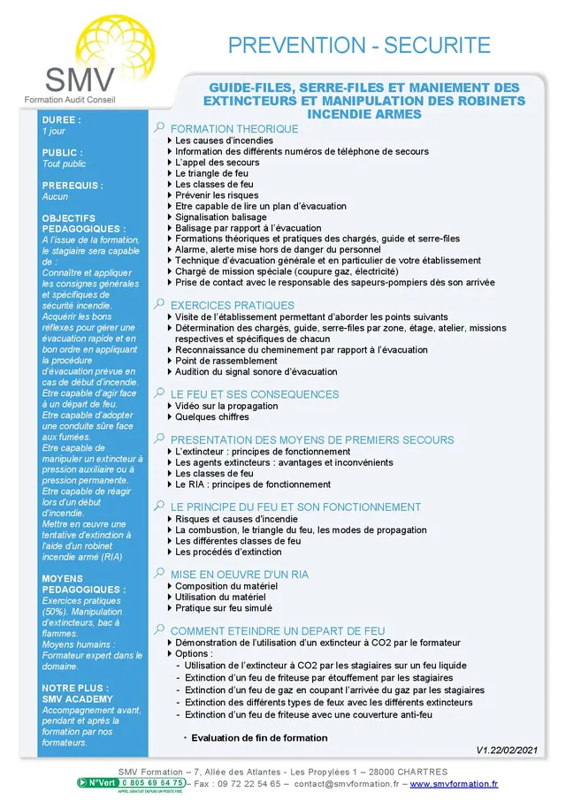 Fiche programme de la formation Guide-files, serre-files et maniement des extincteurs et manipulation des robinets incendie armés : durée, public, prérequis, objectifs pédagogiques et contenu
