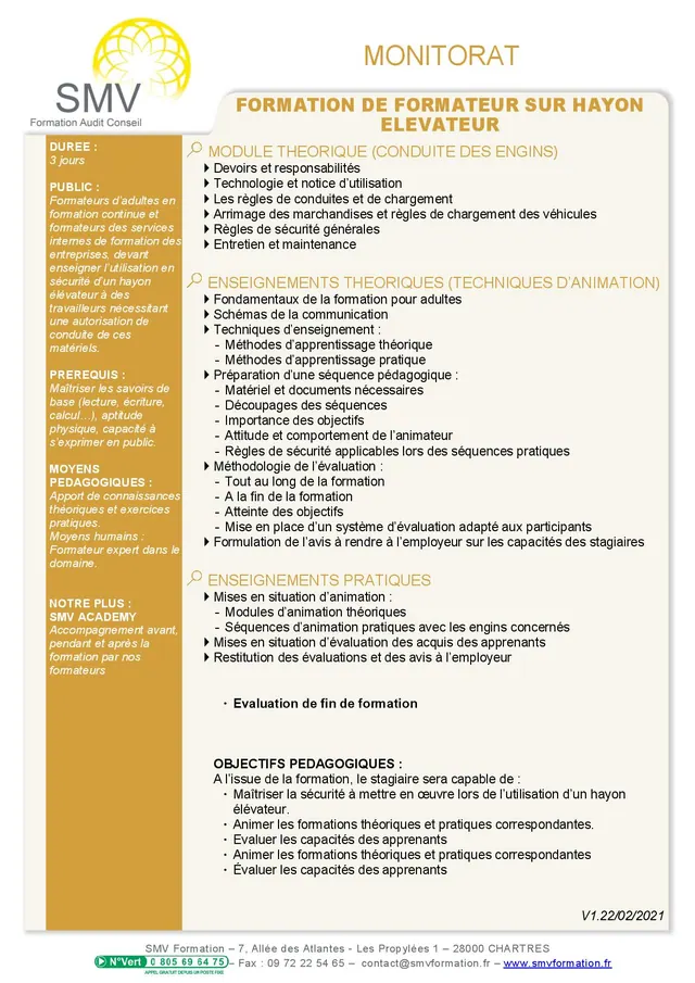 Fiche programme de la formation Monitorat interne sur Hayon élévateur : durée, public, prérequis, objectifs pédagogiques et contenu