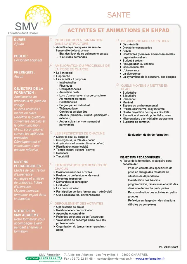 Fiche programme de la formation Activités et Animation en EHPAD : durée, public, prérequis, objectifs pédagogiques et contenu