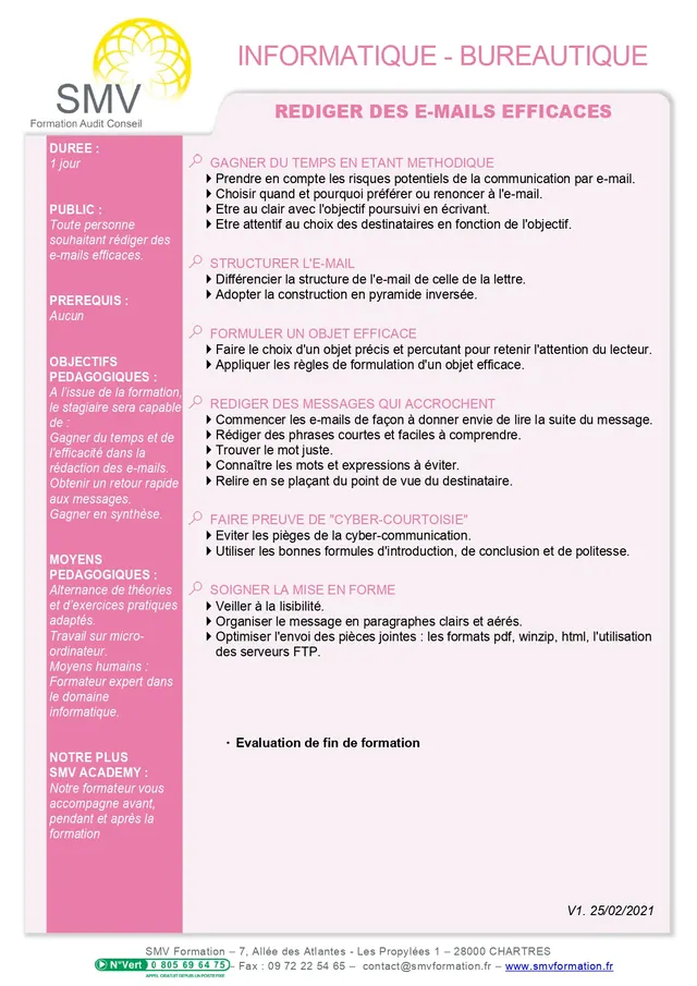 Fiche programme de la formation Rédiger des e-mails efficaces : durée, public, prérequis, objectifs pédagogiques et contenu