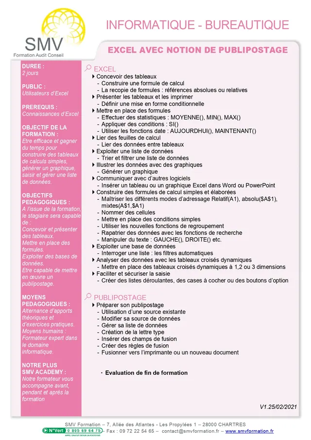 Fiche programme de la formation Excel avec notion de publipostage : durée, public, prérequis, objectifs pédagogiques et contenu