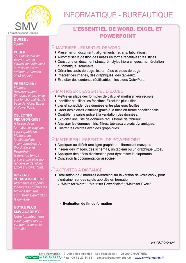 Fiche programme de la formation L’essentiel de Word, Excel et Powerpoint : durée, public, prérequis, objectifs pédagogiques et contenu