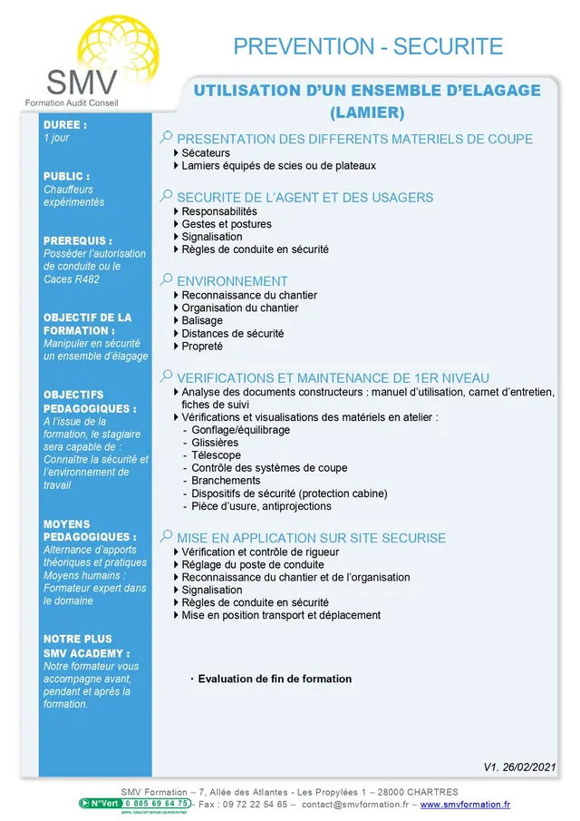 Fiche programme de la formation Utilisation d’un ensemble d’élagage (lamier) : durée, public, prérequis, objectifs pédagogiques et contenu
