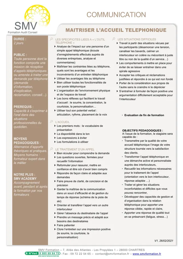 Fiche programme de la formation Maîtriser l’accueil téléphonique : durée, public, prérequis, objectifs pédagogiques et contenu