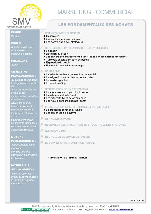 Fiche programme de la formation Les fondamentaux des achats : durée, public, prérequis, objectifs pédagogiques et contenu