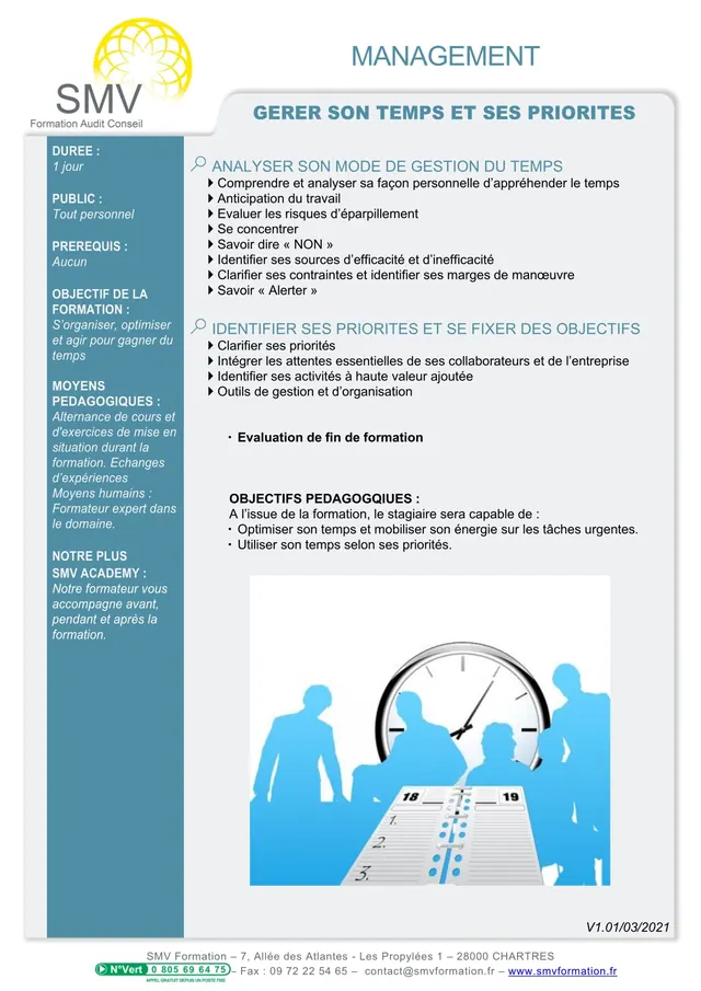 Fiche programme de la formation Gérer son temps et ses priorités 1 jour : durée, public, prérequis, objectifs pédagogiques et contenu