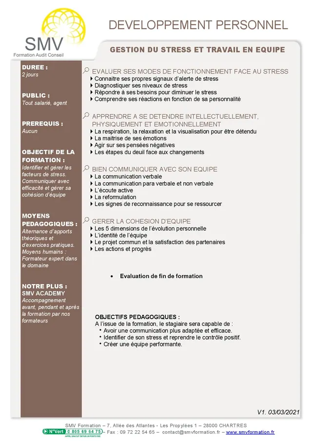 Fiche programme de la formation Gestion du stress et travail en équipe : durée, public, prérequis, objectifs pédagogiques et contenu