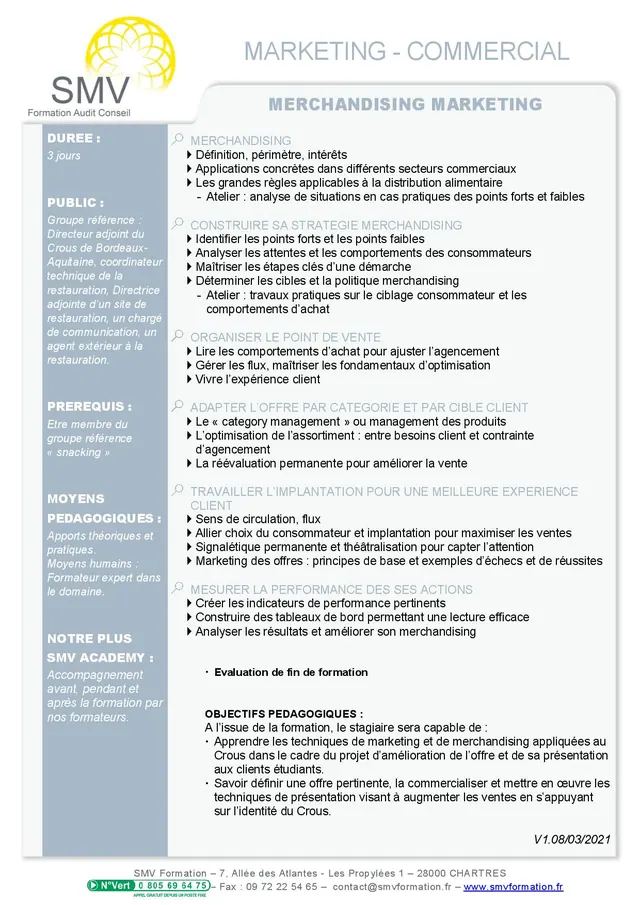 Fiche programme de la formation Merchandising Marketing : durée, public, prérequis, objectifs pédagogiques et contenu