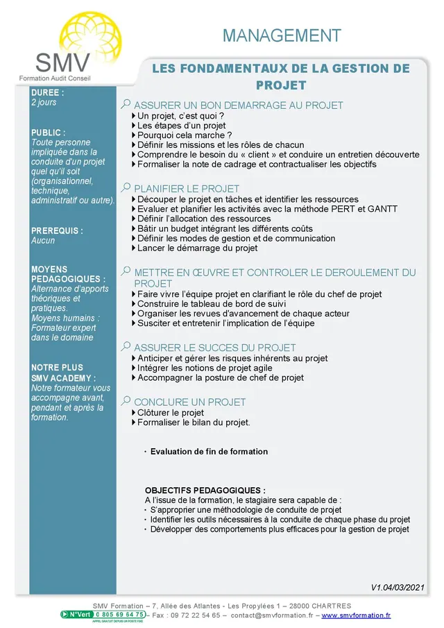 Fiche programme de la formation Les fondamentaux de la gestion de projet : durée, public, prérequis, objectifs pédagogiques et contenu