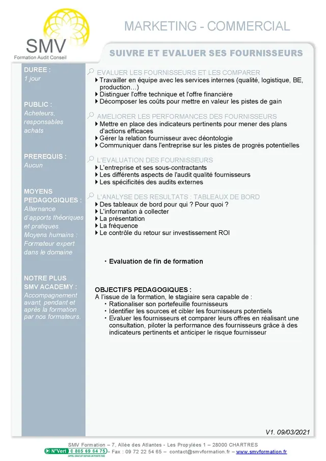 Fiche programme de la formation Suivre et évaluer ses fournisseurs : durée, public, prérequis, objectifs pédagogiques et contenu