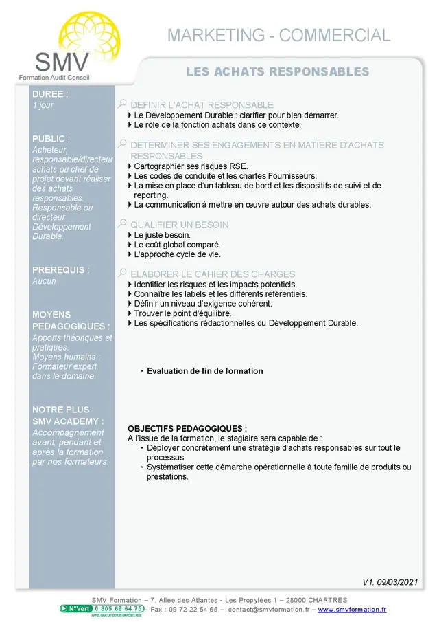 Fiche programme de la formation Les achats responsables : durée, public, prérequis, objectifs pédagogiques et contenu
