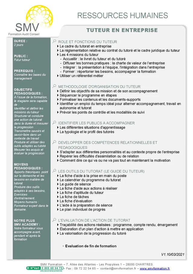 Fiche programme de la formation Tuteur en entreprise : durée, public, prérequis, objectifs pédagogiques et contenu