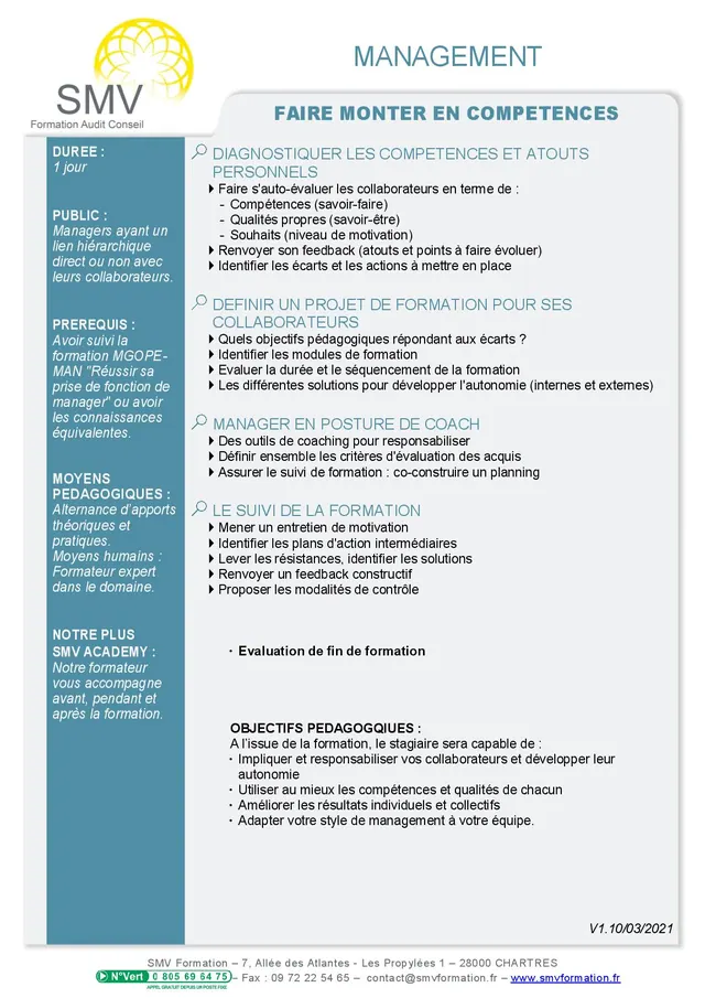 Fiche programme de la formation Faire monter en compétences : durée, public, prérequis, objectifs pédagogiques et contenu