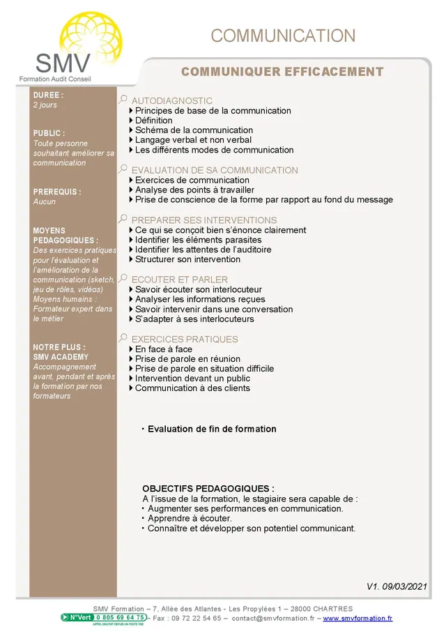 Fiche programme de la formation Communiquer efficacement : durée, public, prérequis, objectifs pédagogiques et contenu