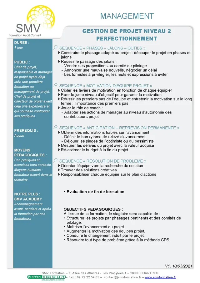 Fiche programme de la formation Gestion de projet niveau 2 perfectionnement : durée, public, prérequis, objectifs pédagogiques et contenu